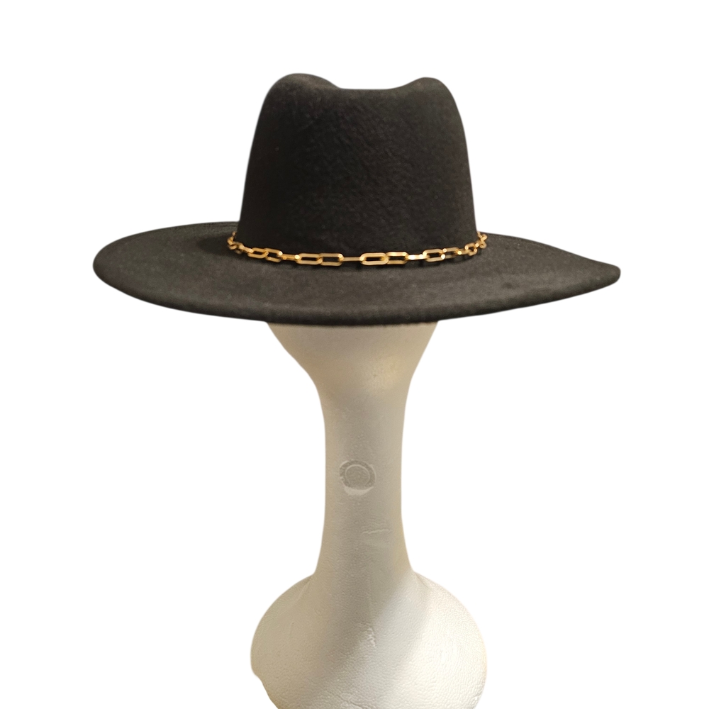 Black Felted Hat with Gold Chain Accent